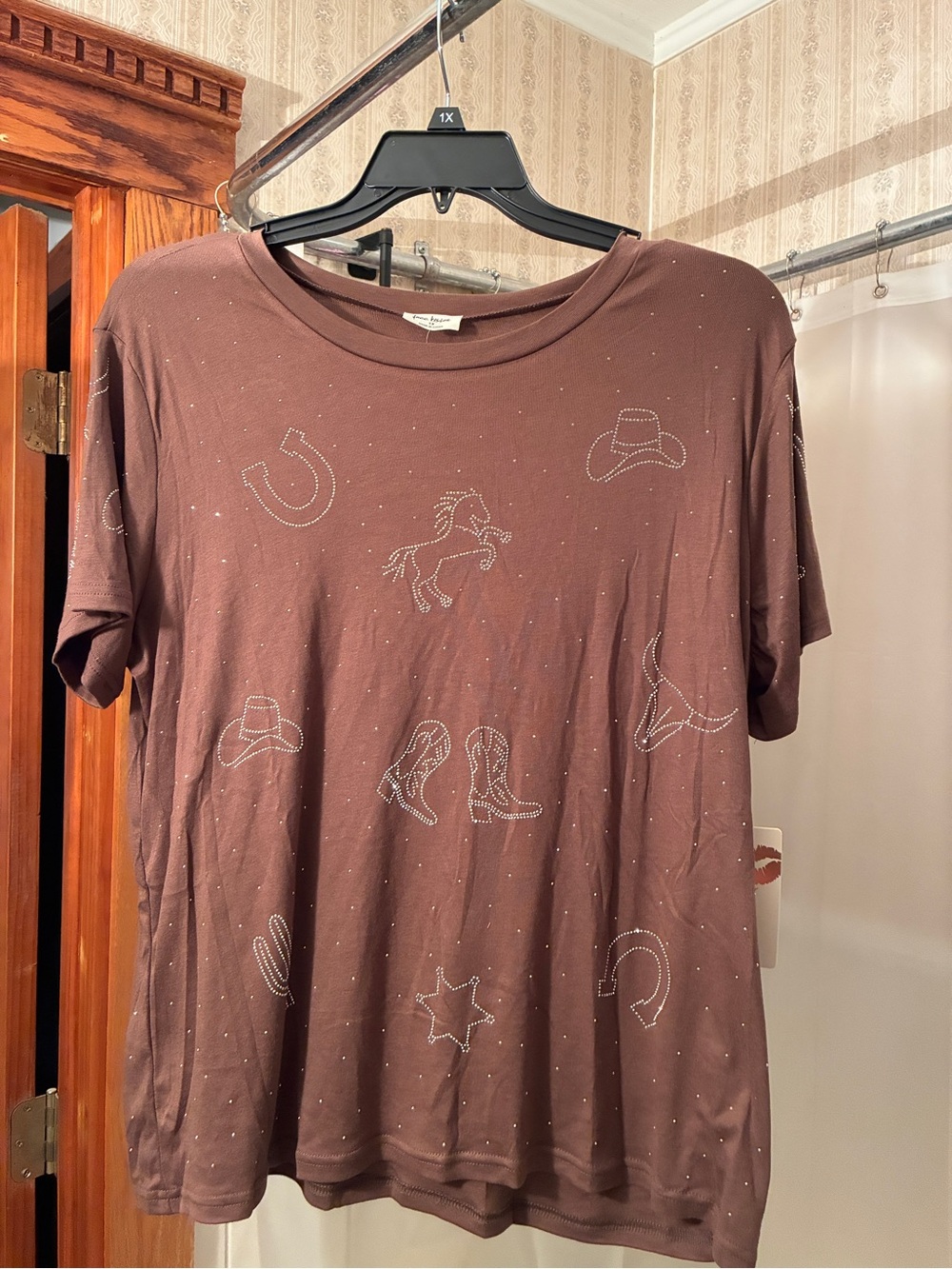 Women's (Men Shirts category) Brown Western Graphic Tee - Rhinestone Accents